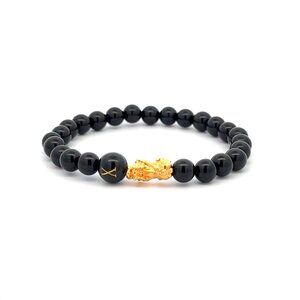 18K Gold Pixiu Piyao Bracelet Gemstones Onyx 6mm Elastic Bracelet Letter X